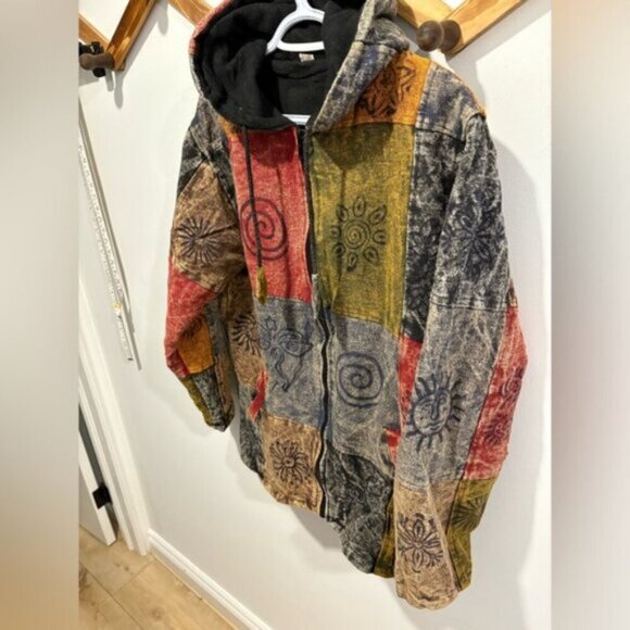 Hippie Boho Vintage Retro Cotton Symbols Fleece Lined Jacket Festival Nepalese - Picture 6 of 11